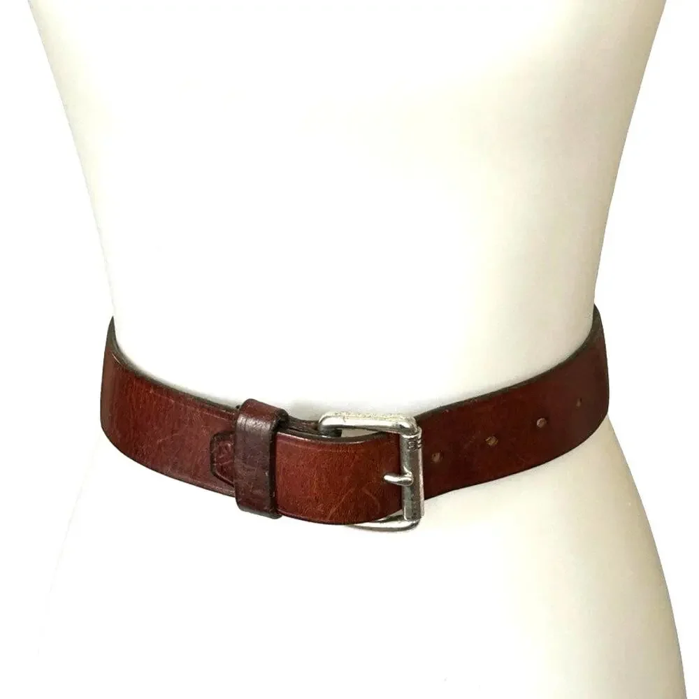 Vintage 70s Dark Brown Leather Belt Silver Tone Buckle